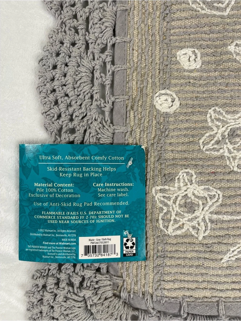 The Pioneer Woman Mazie Floral Crochet Bath Rug 20x32 Gray Silver NWT